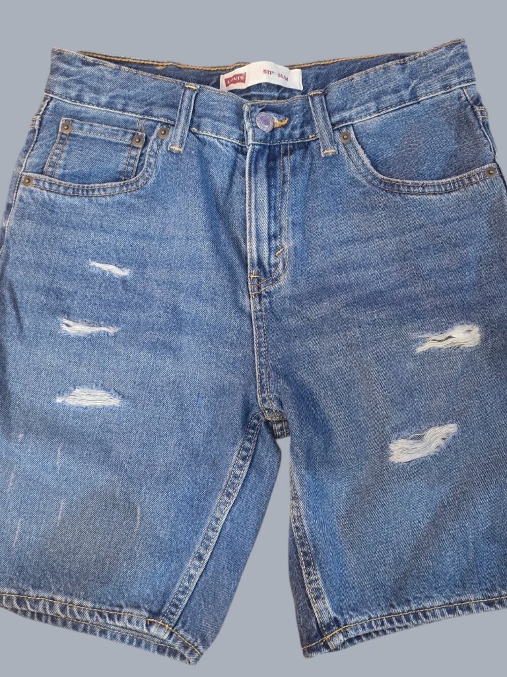Levi’s 511 Slim Boys Distressed Denim Shorts Medium Wash Blue Size 16 Reg W28